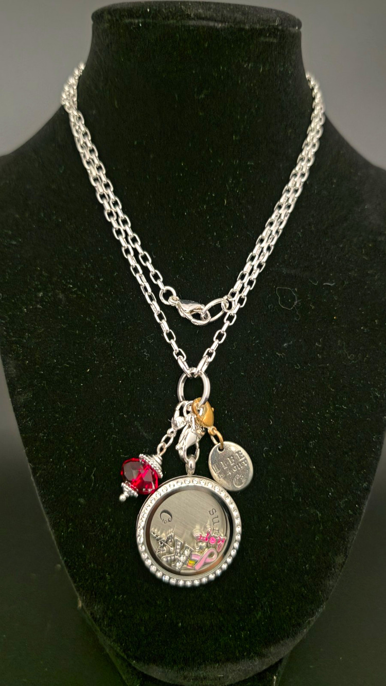 Origami Owl Silver Tone Round Locket Necklace Red Crystal Bead Charm Signed